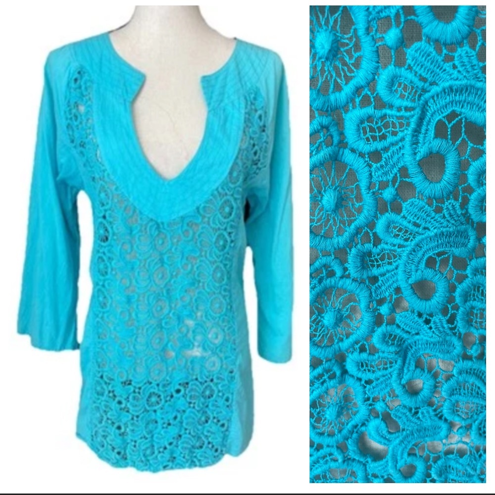 Santoori Lace Embroidered  Turquoise Blue 100% Cotton Resort Wear Boho Blouse M